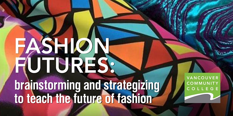 Banner for fashion futures webinar, features brightly coloured geometric fabric
