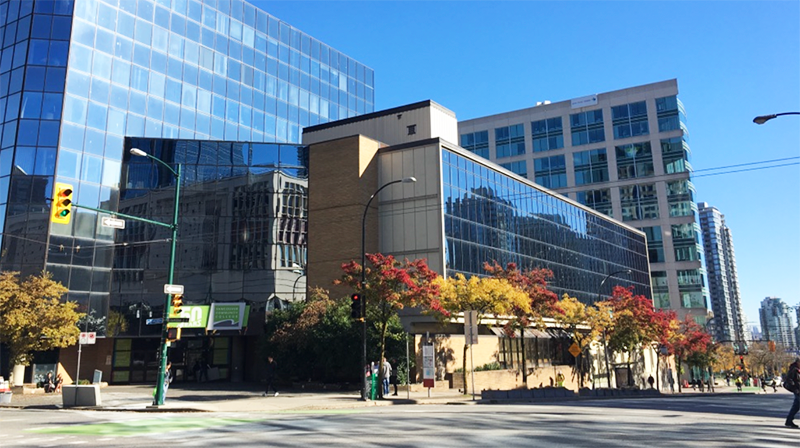 VCC Downtown campus with blue sky and fall trees