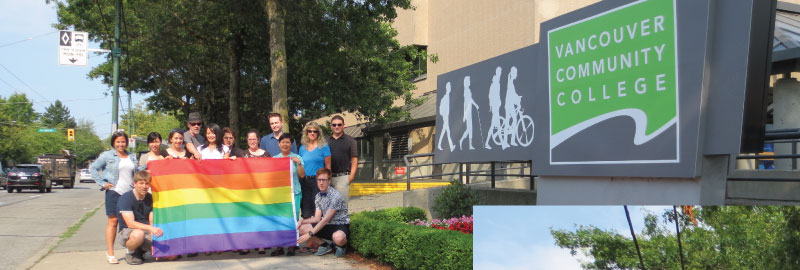 VCC employees with the rainbow flag at the Broadway campus