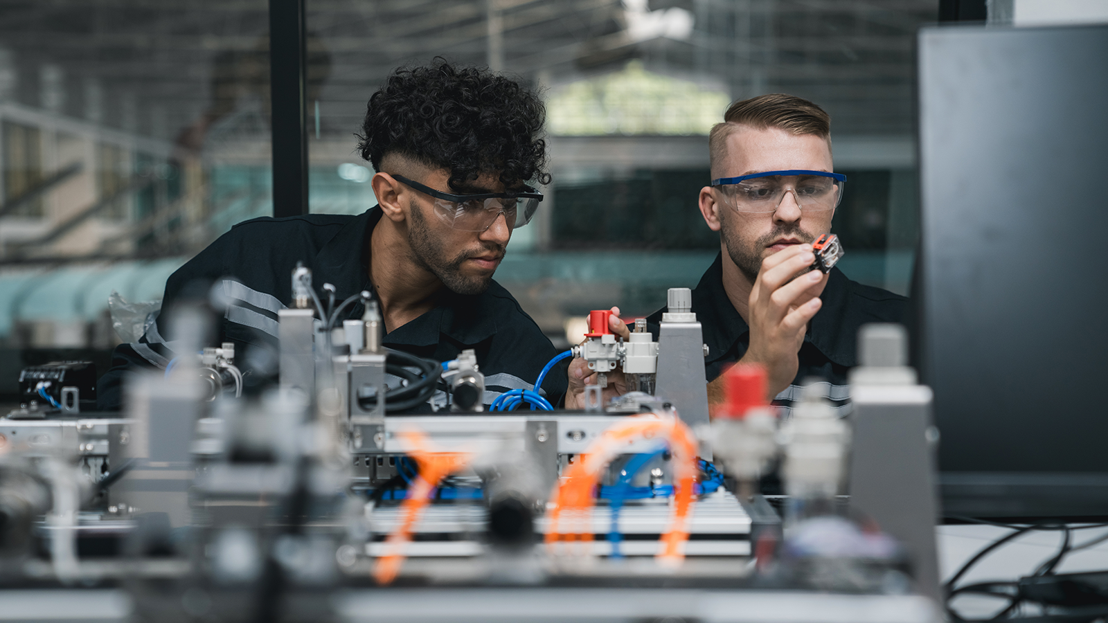 Two individuals in protective eyewear working on equipment in a lab.